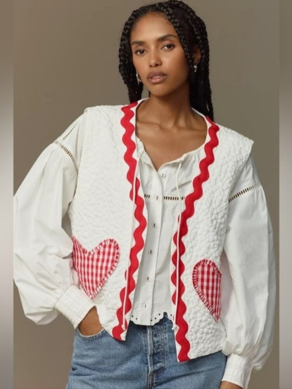 NWT Anthropologie Flat White Quilted Gingham Heart Pocket Vest One Size